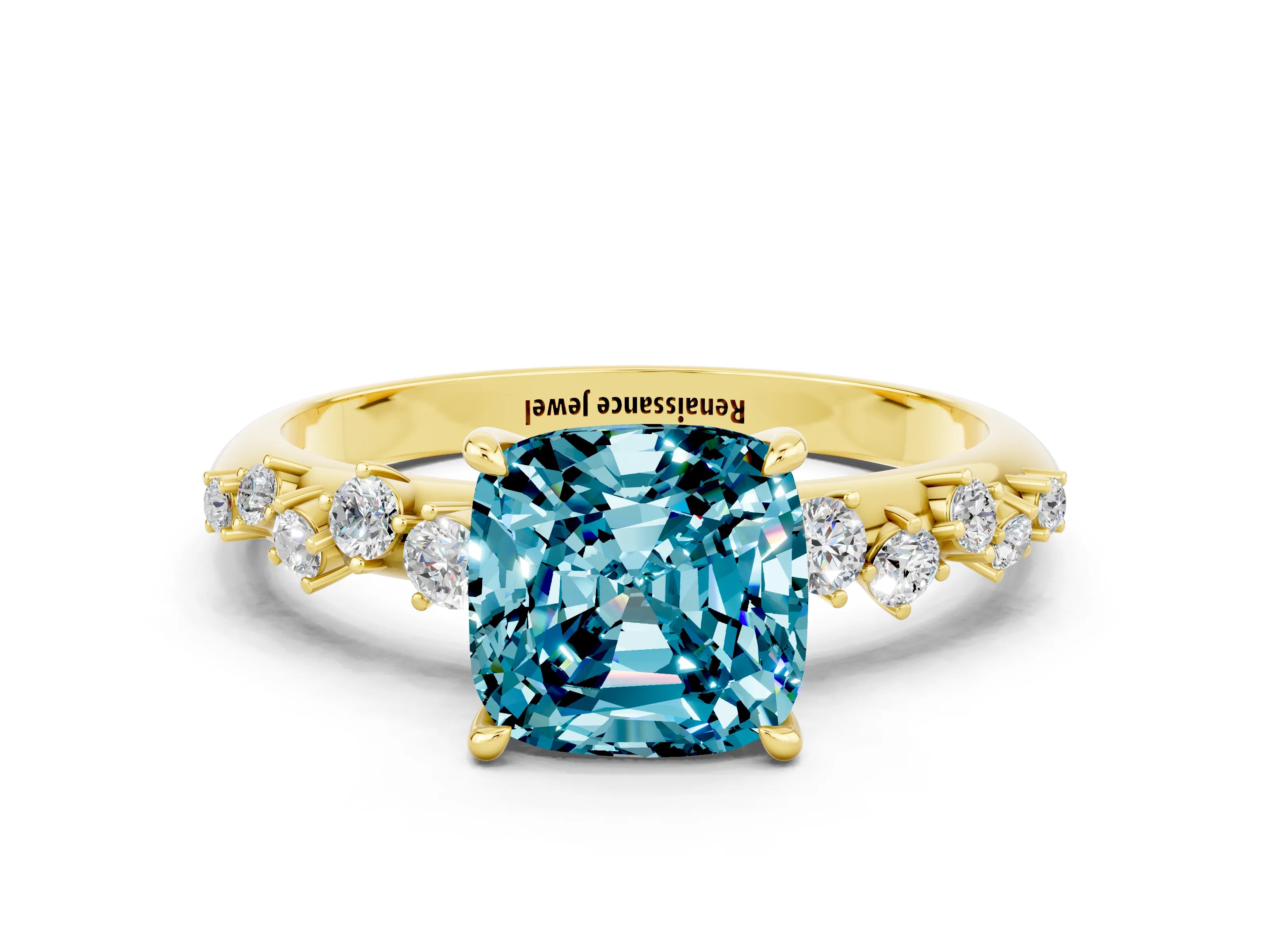 Yellow gold Cushion Cut Blue Topaz Cluster Side Stone Solitaire Ring with Prong Setting_24