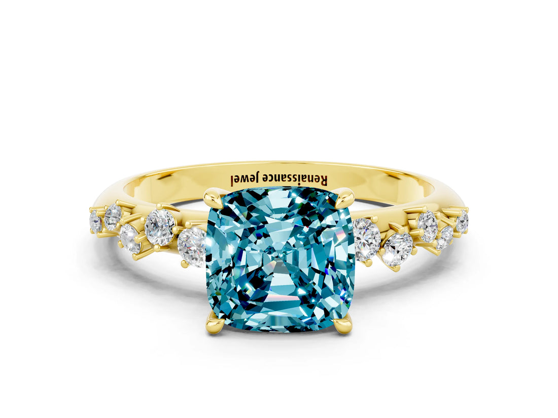 Yellow gold Cushion Cut Blue Topaz Cluster Side Stone Solitaire Ring with Prong Setting_24