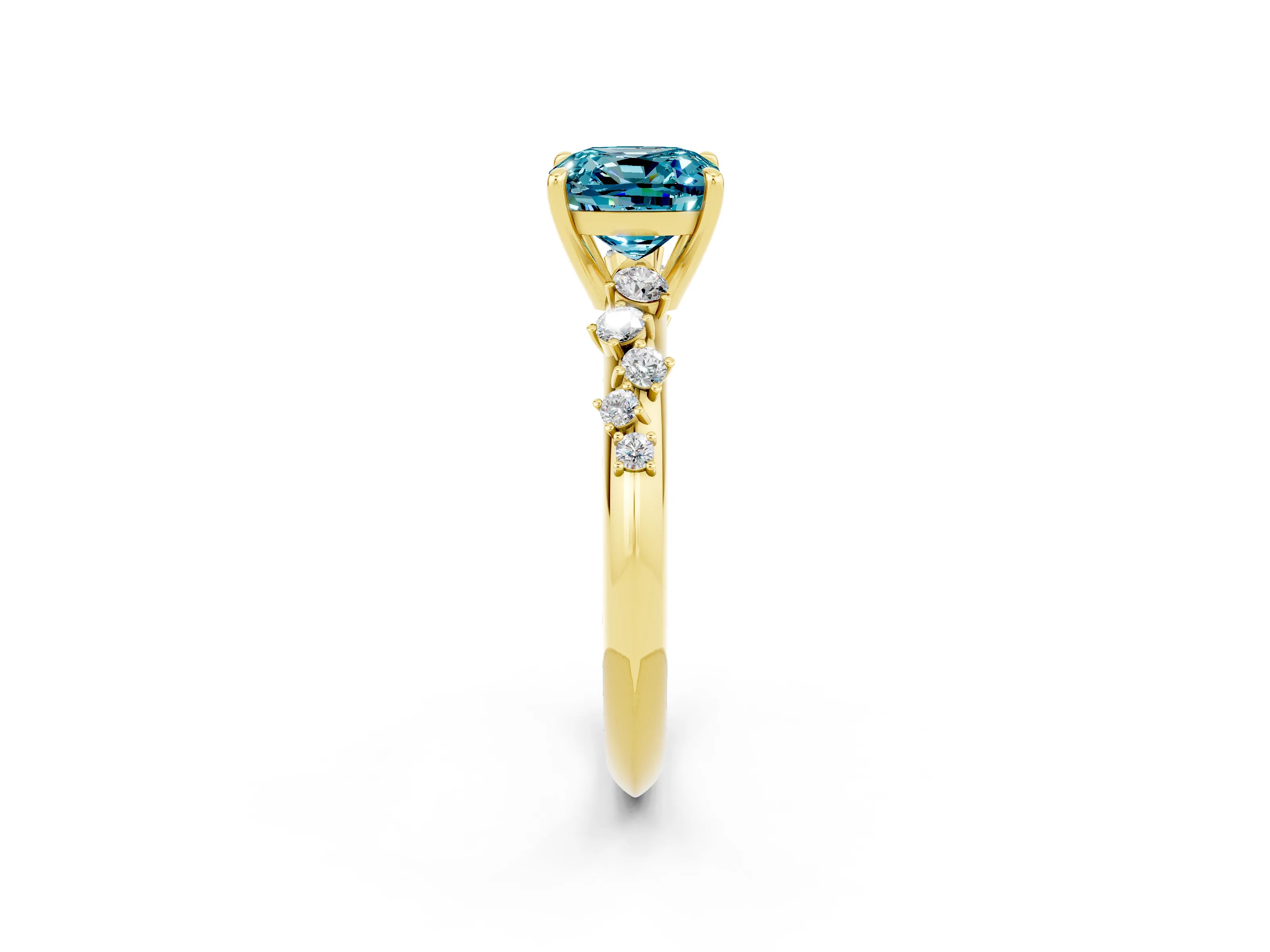 Yellow gold Cushion Cut Blue Topaz Cluster Side Stone Solitaire Ring with Prong Setting_26