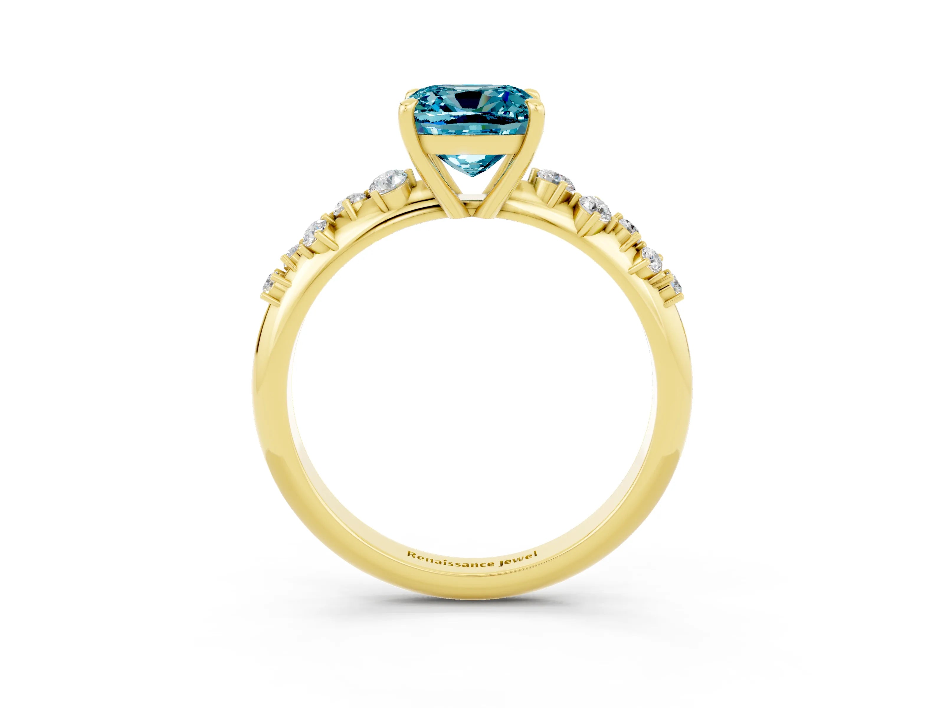 Yellow gold Cushion Cut Blue Topaz Cluster Side Stone Solitaire Ring with Prong Setting_27