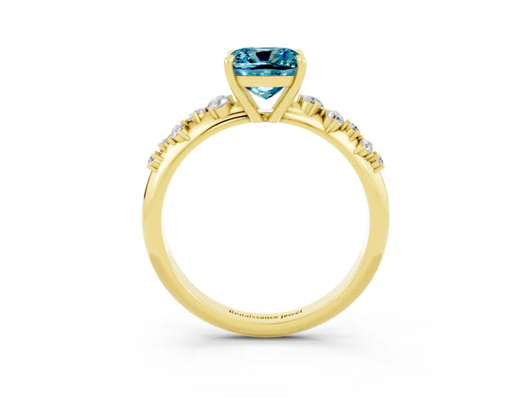 Yellow Gold Cushion Cut Blue Topaz Graduated Cluster Solitaire Engagement Ring with Open Basket