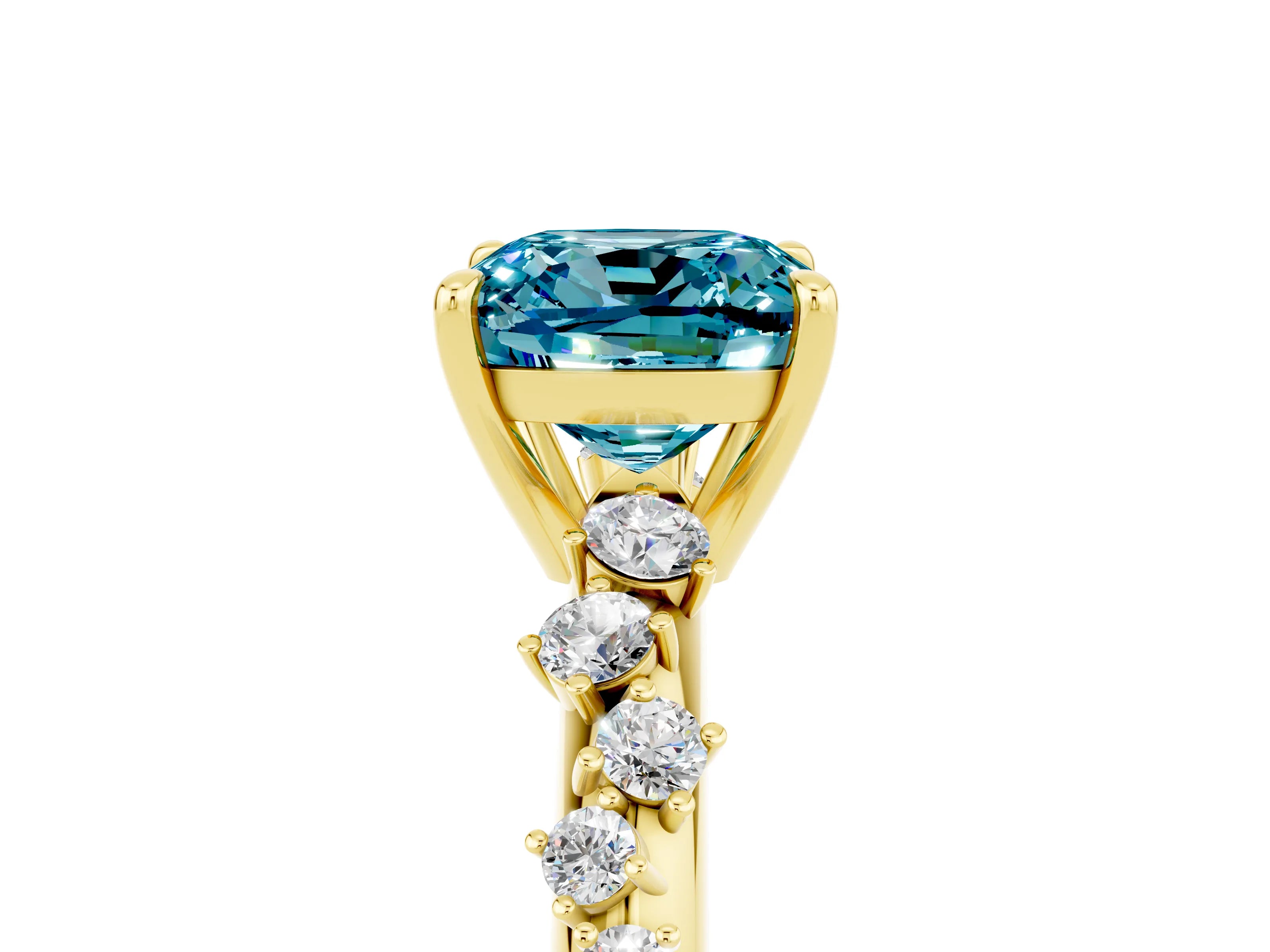 Yellow gold Cushion Cut Blue Topaz Cluster Side Stone Solitaire Ring with Prong Setting_29
