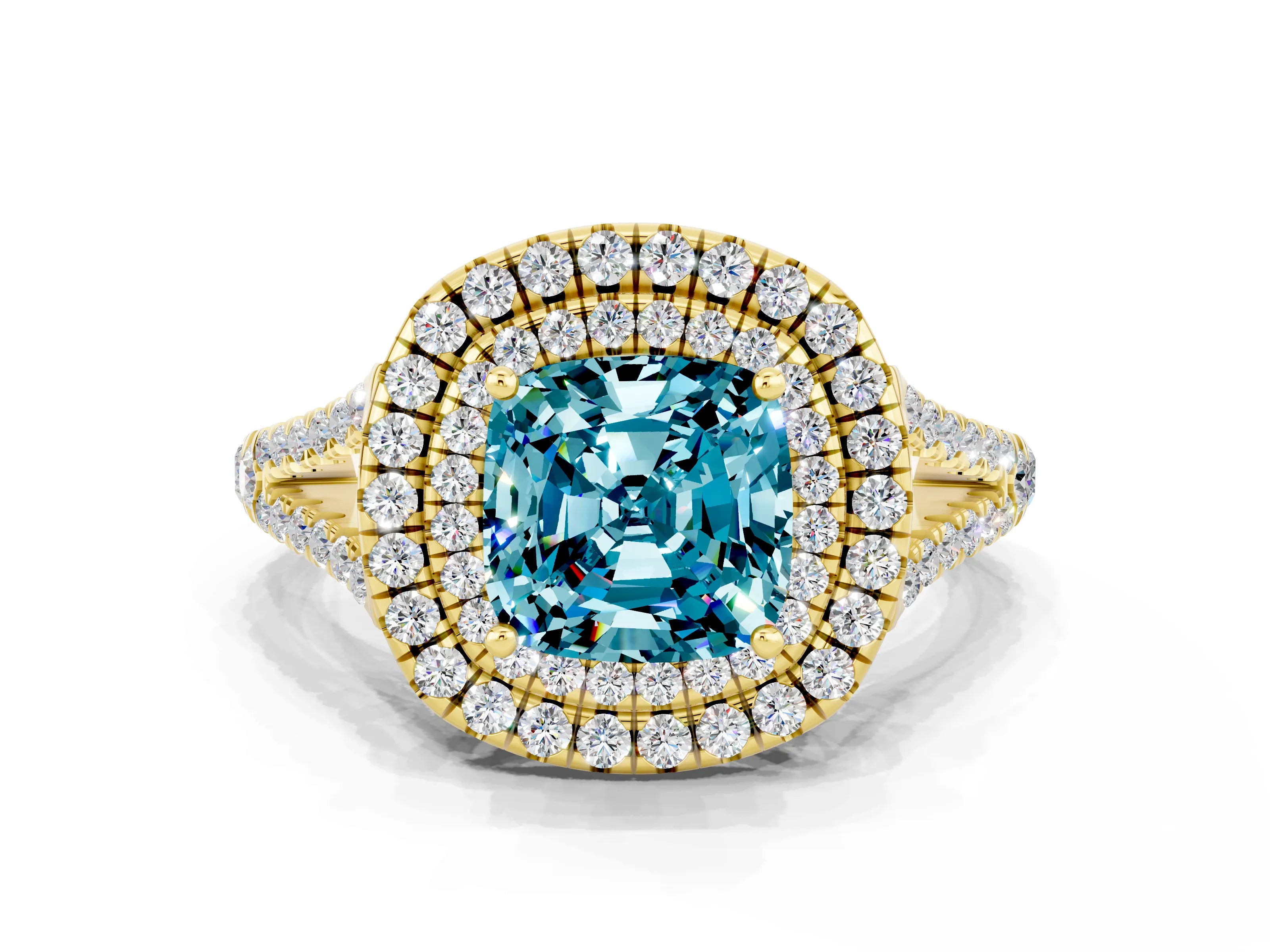 Yellow gold Cushion Cut Blue Topaz Double Halo Ring with Pavé Band and Prong Setting_12