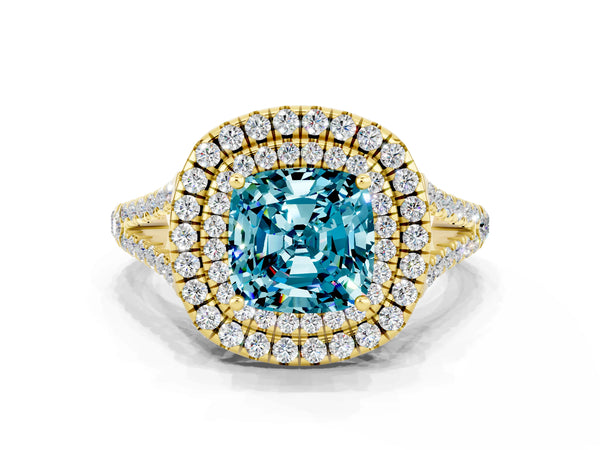 Yellow gold Cushion Cut Blue Topaz Double Halo Ring with Pavé Band and Prong Setting