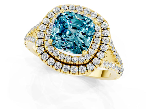 Yellow gold Cushion Cut Blue Topaz Double Halo Ring with Pavé Band and Prong Setting