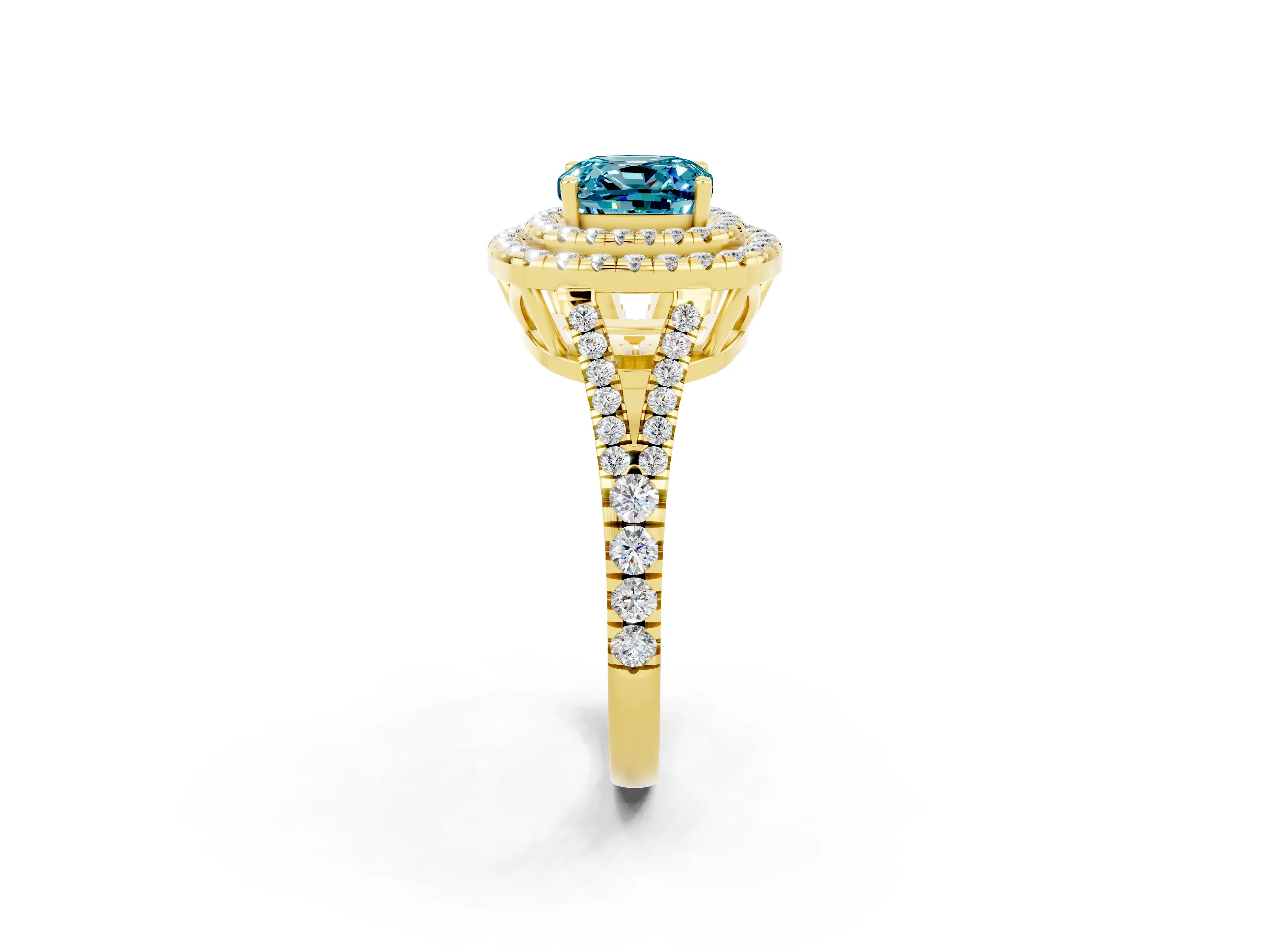 Yellow gold Cushion Cut Blue Topaz Double Halo Ring with Pavé Band and Prong Setting_14