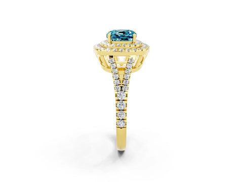 Yellow gold Cushion Cut Blue Topaz Double Halo Ring with Pavé Band and Prong Setting_14