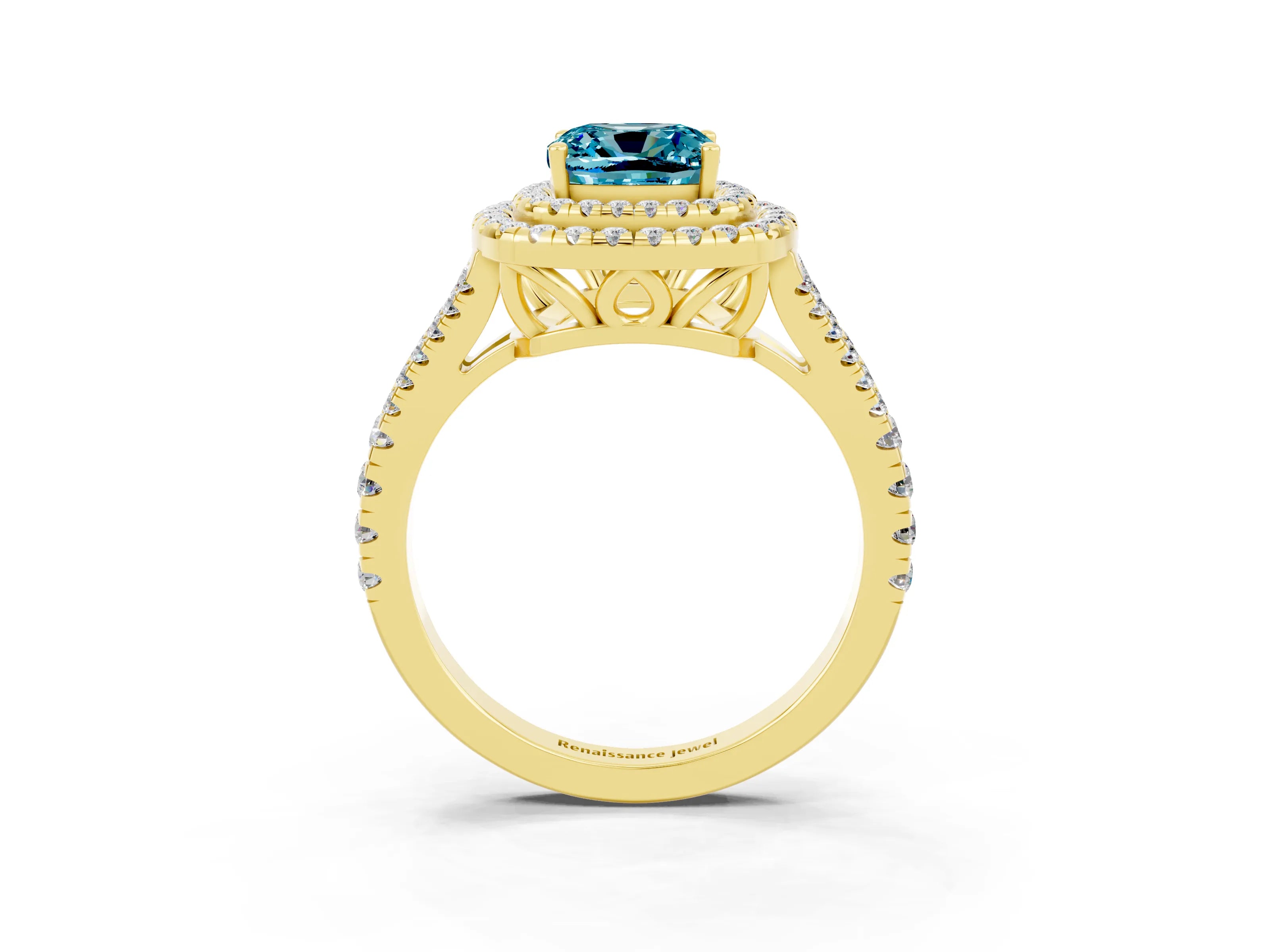 Yellow gold Cushion Cut Blue Topaz Double Halo Ring with Pavé Band and Prong Setting_15