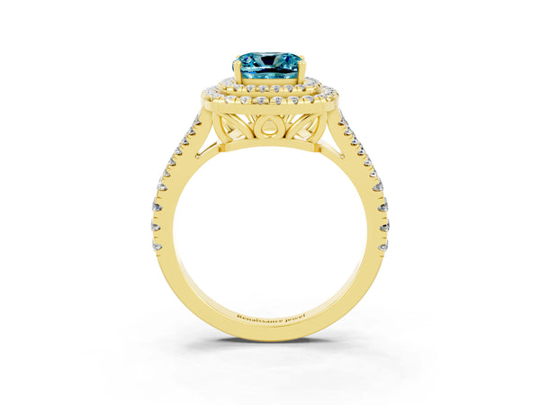 Yellow gold Cushion Cut Blue Topaz Double Halo Ring with Pavé Band and Prong Setting