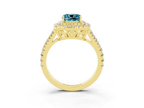 Yellow gold Cushion Cut Blue Topaz Double Halo Ring with Pavé Band and Prong Setting_15
