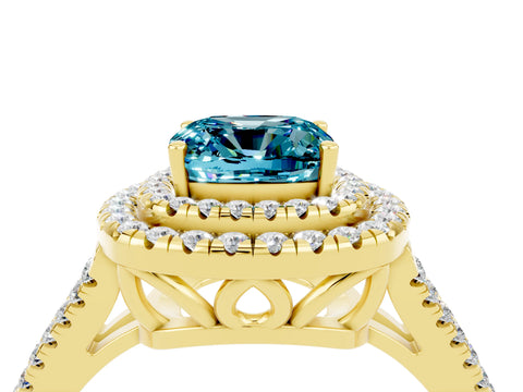 Yellow gold Cushion Cut Blue Topaz Double Halo Ring with Pavé Band and Prong Setting_16
