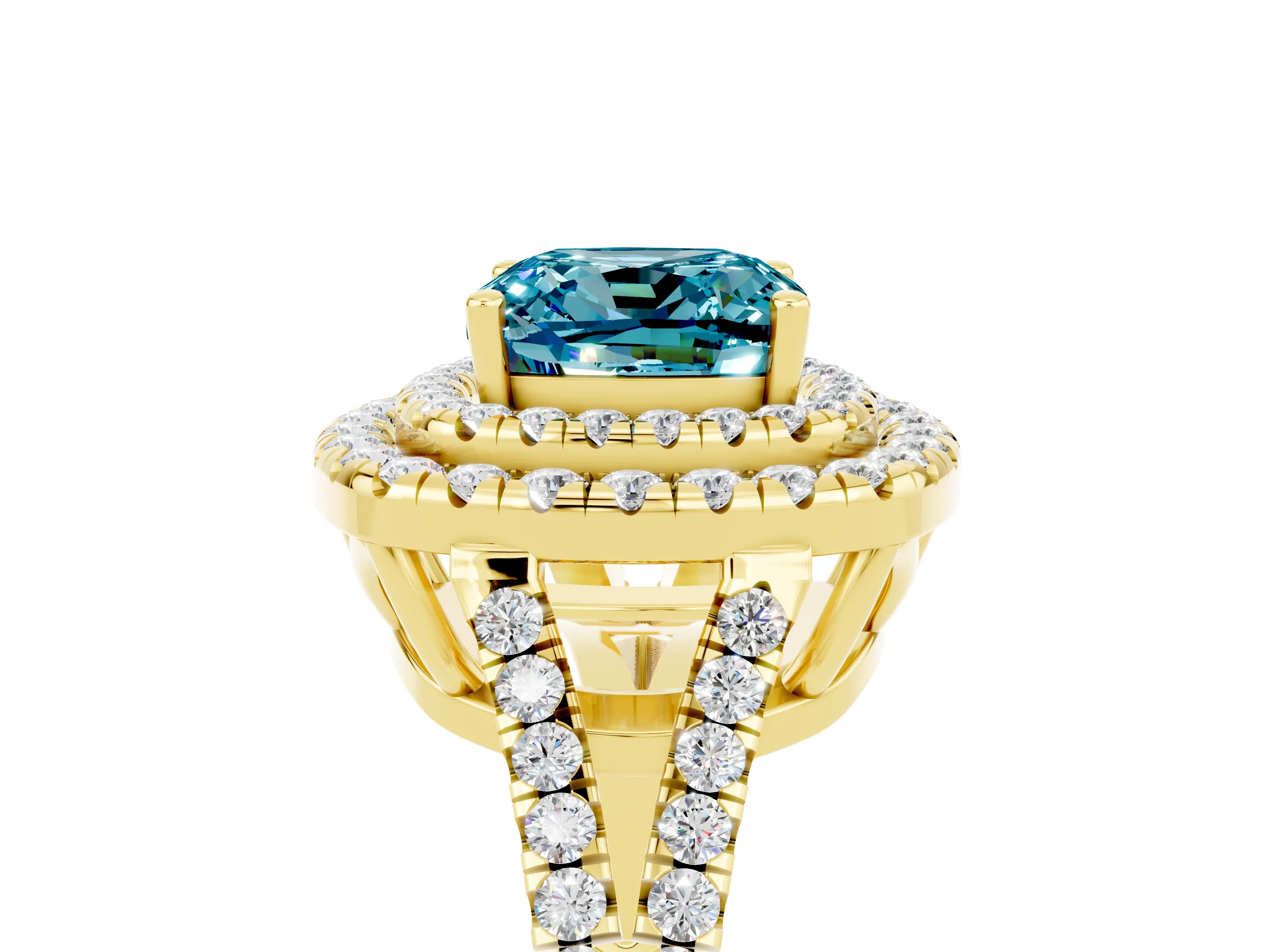 Yellow gold Cushion Cut Blue Topaz Double Halo Ring with Pavé Band and Prong Setting_17