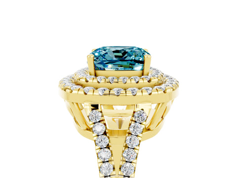 Yellow gold Cushion Cut Blue Topaz Double Halo Ring with Pavé Band and Prong Setting_17