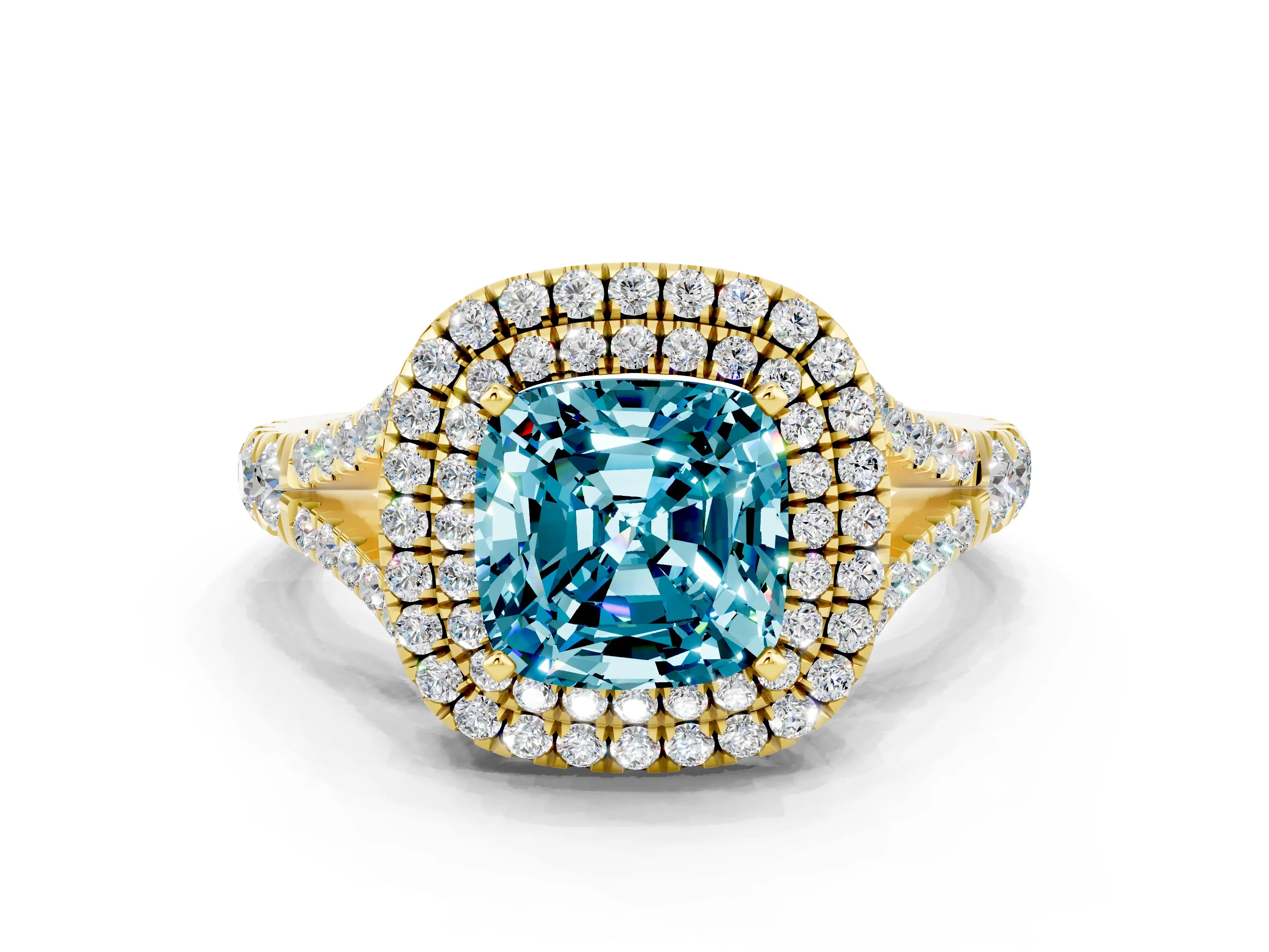 Yellow gold Cushion Cut Blue Topaz Double Halo Ring with Split Shank and Prong Setting_12