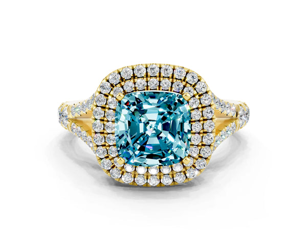 Yellow gold Cushion Cut Blue Topaz Double Halo Ring with Split Shank and Prong Setting