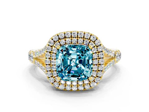 Yellow gold Cushion Cut Blue Topaz Double Halo Ring with Split Shank and Prong Setting_12
