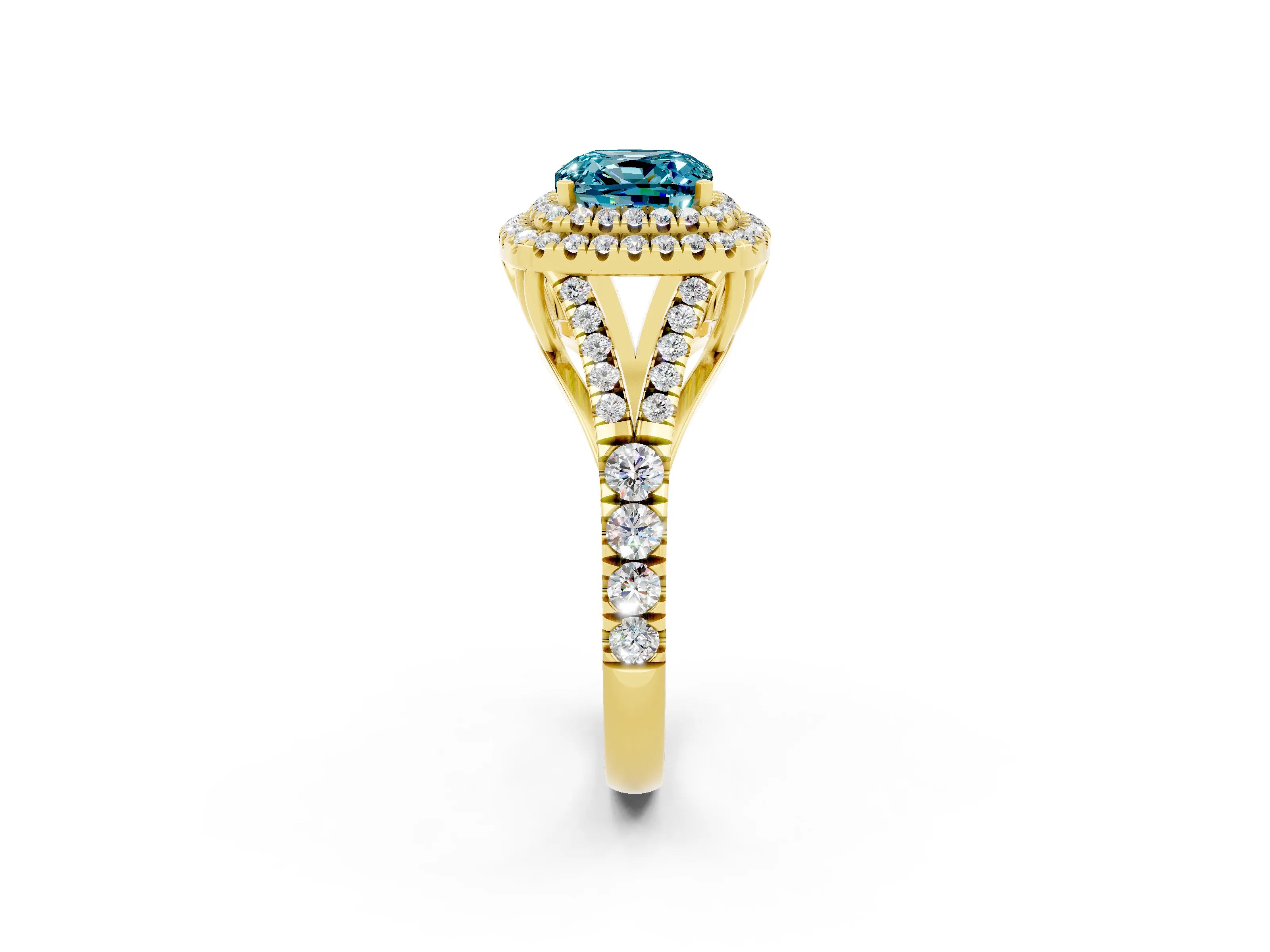 Yellow gold Cushion Cut Blue Topaz Double Halo Ring with Split Shank and Prong Setting_14