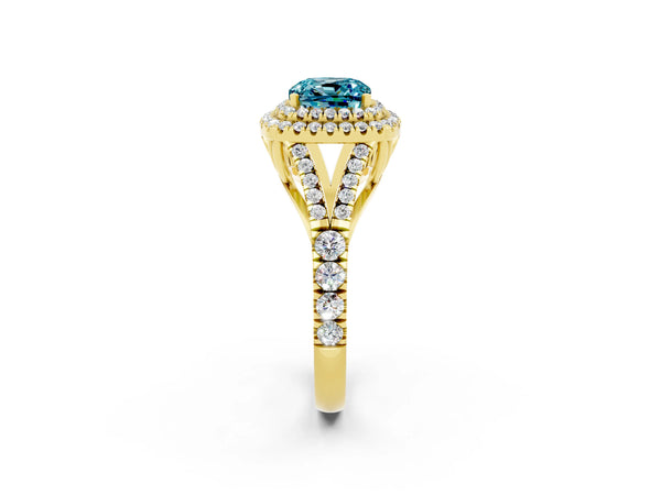 Yellow gold Cushion Cut Blue Topaz Double Halo Ring with Split Shank and Prong Setting