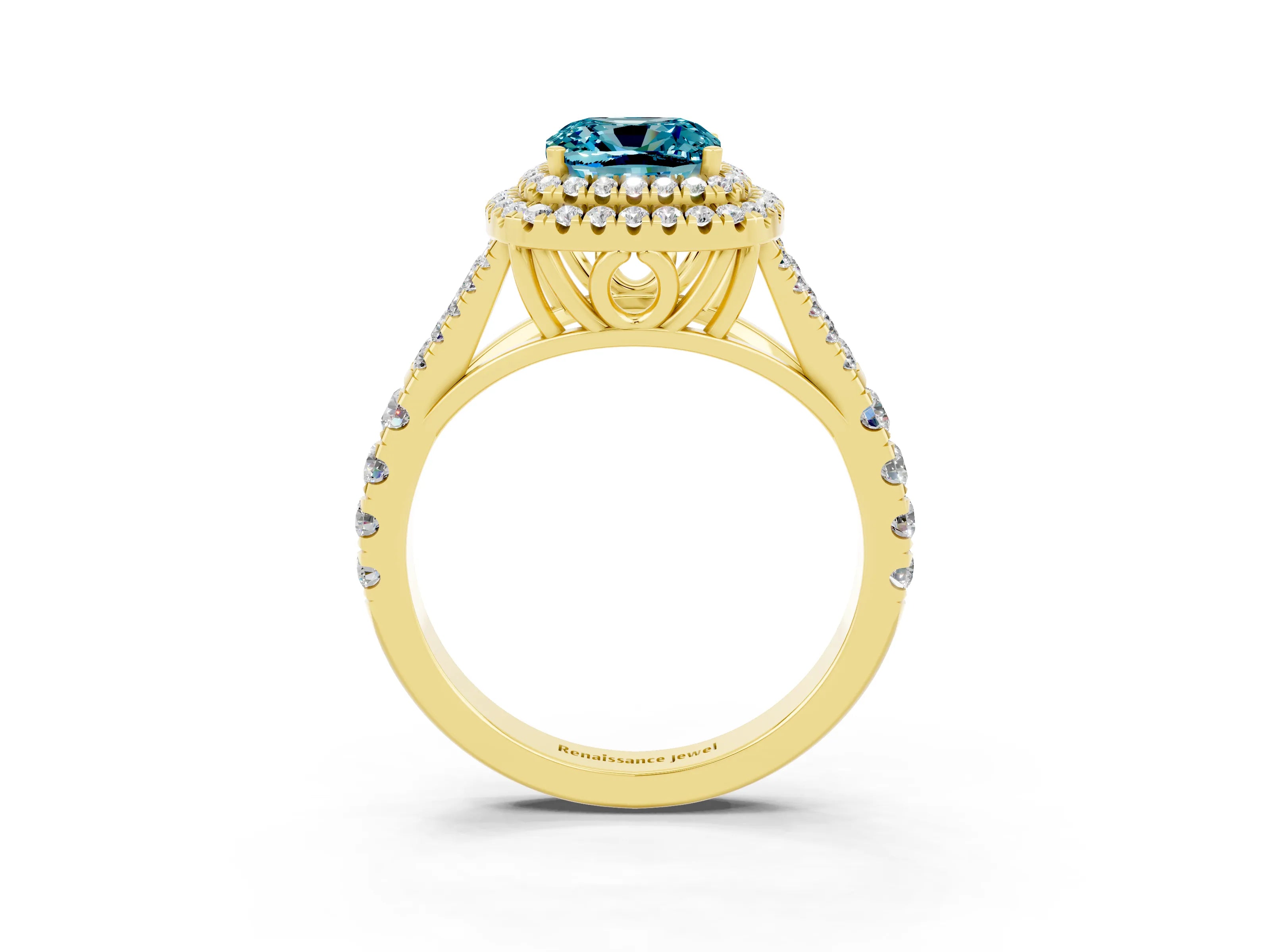 Yellow gold Cushion Cut Blue Topaz Double Halo Ring with Split Shank and Prong Setting_15