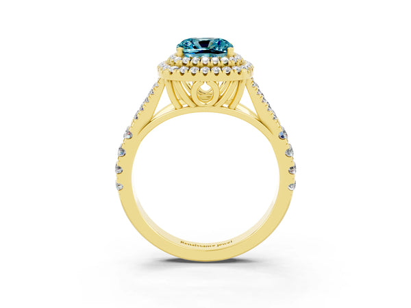 Yellow gold Cushion Cut Blue Topaz Double Halo Ring with Split Shank and Prong Setting