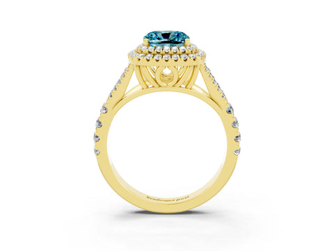 Yellow gold Cushion Cut Blue Topaz Double Halo Ring with Split Shank and Prong Setting_15
