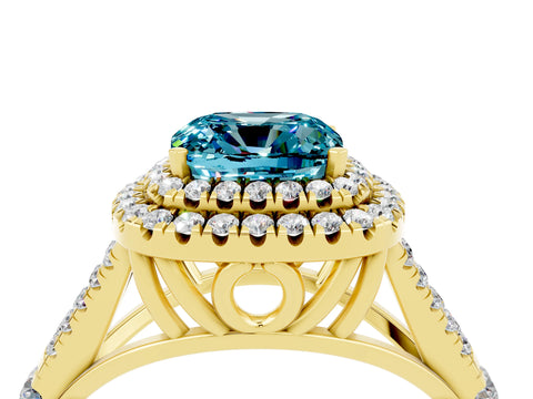 Yellow gold Cushion Cut Blue Topaz Double Halo Ring with Split Shank and Prong Setting_16