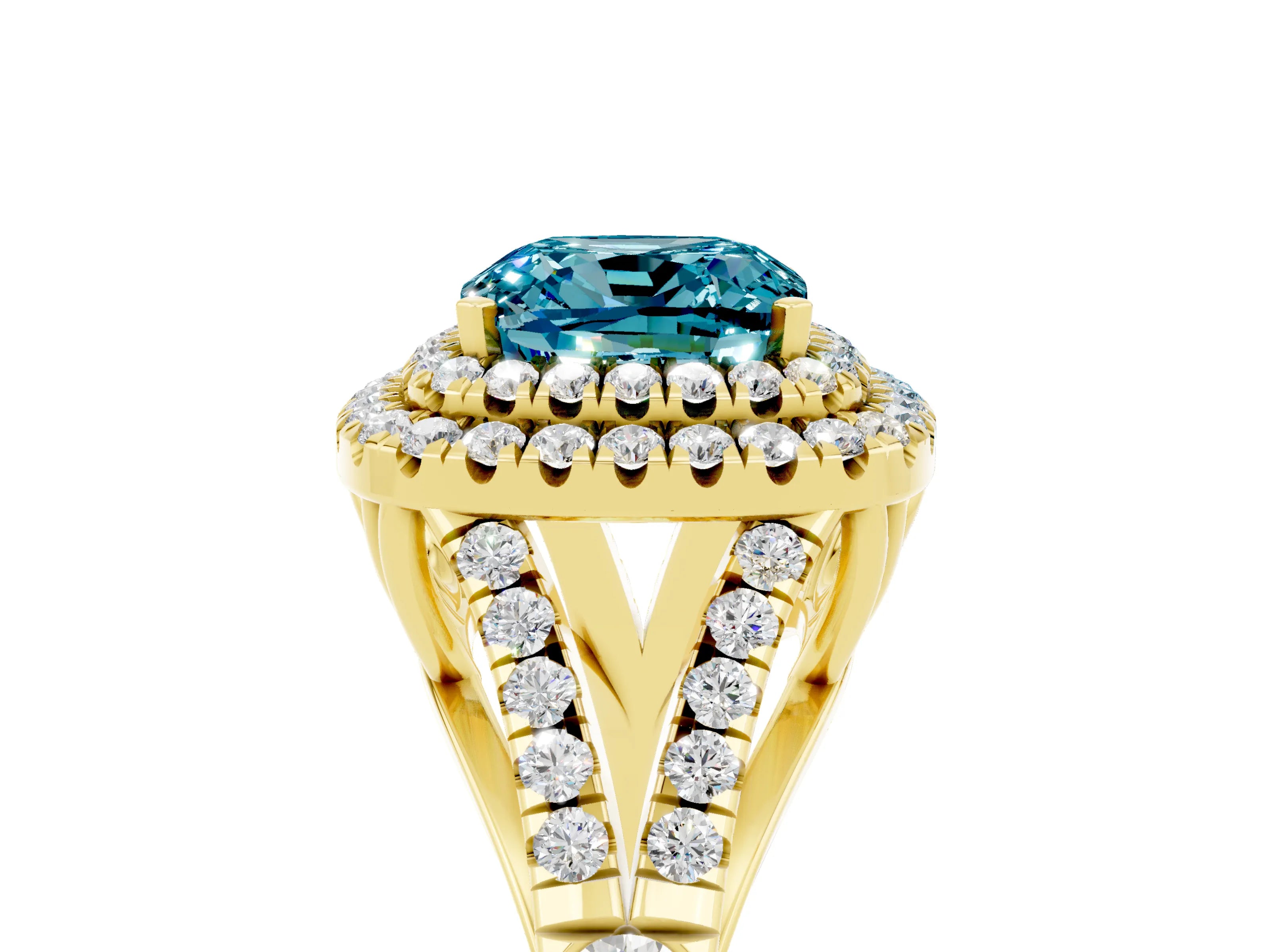 Yellow gold Cushion Cut Blue Topaz Double Halo Ring with Split Shank and Prong Setting_17