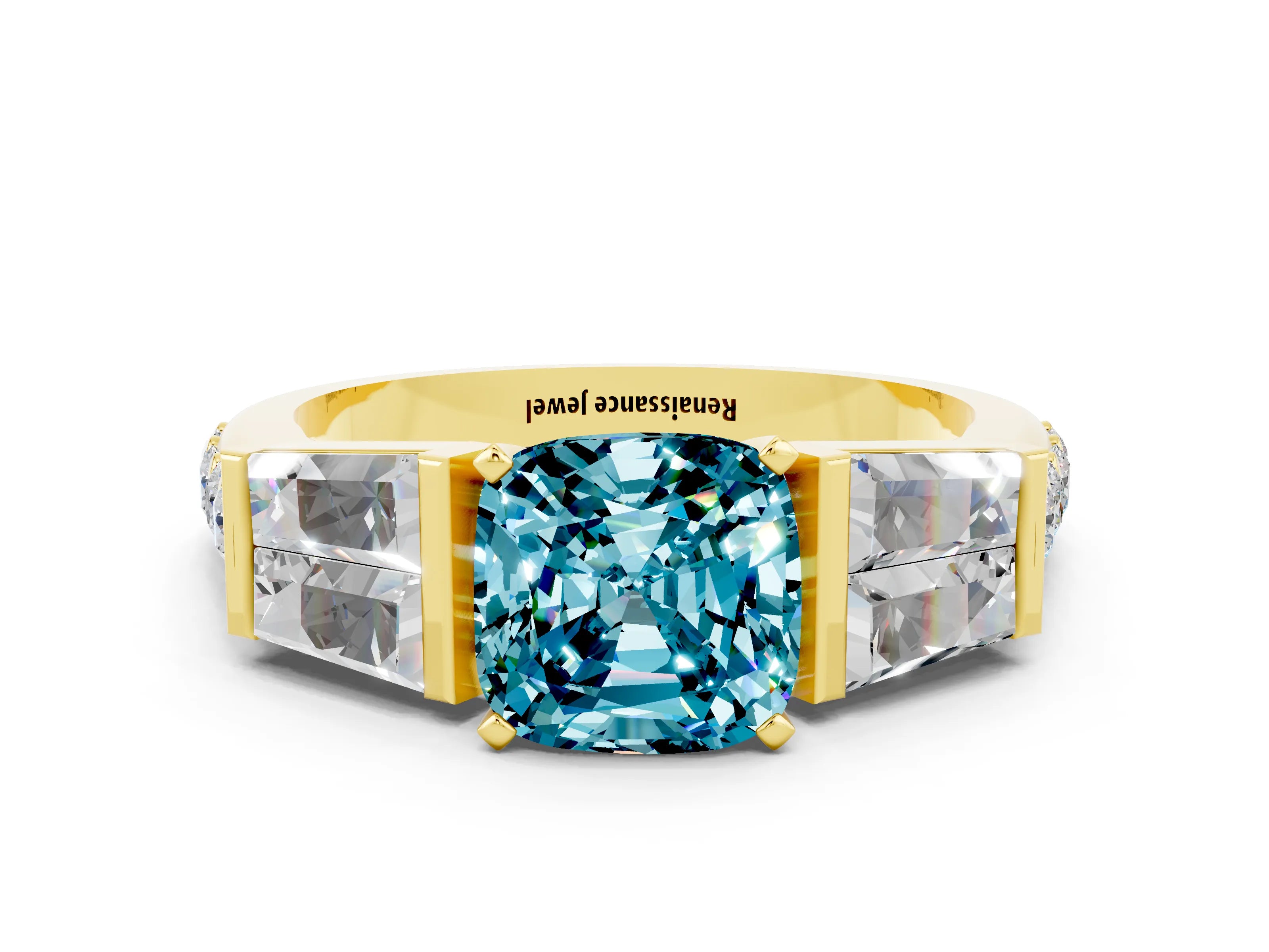 Yellow gold Cushion Cut Blue Topaz Engagement Ring with Baguette Side Stones and Channel Set Band