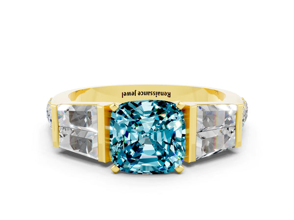 Yellow gold Cushion Cut Blue Topaz Engagement Ring with Baguette Side Stones and Channel Set Band