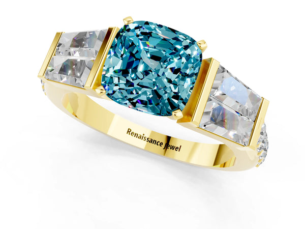 Yellow gold Cushion Cut Blue Topaz Engagement Ring with Baguette Side Stones and Channel Set Band