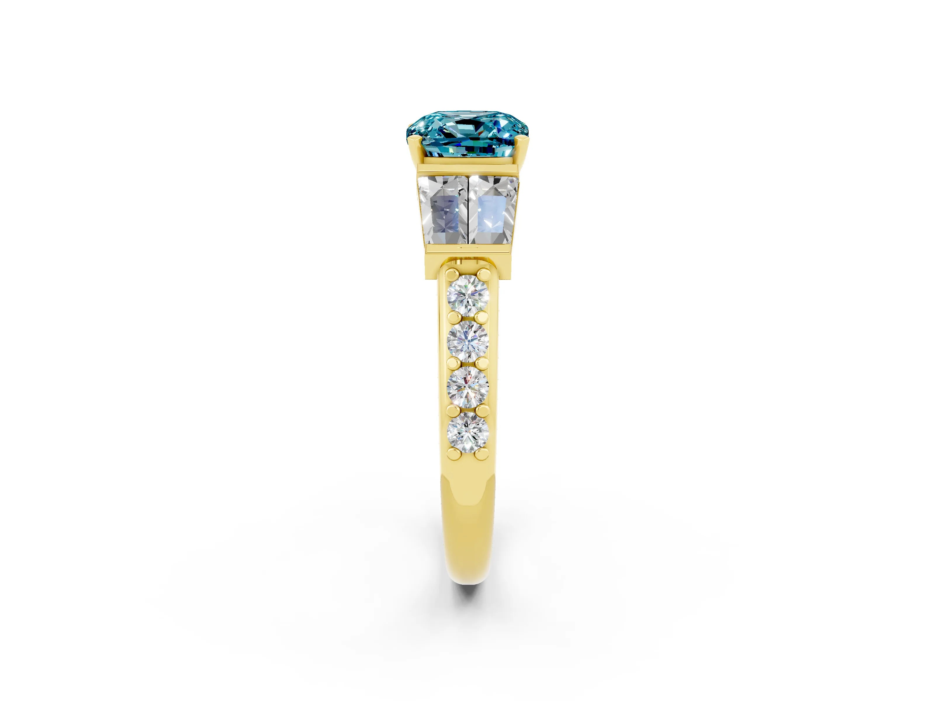 Yellow gold Cushion Cut Blue Topaz Engagement Ring with Baguette Side Stones and Channel Set Band_2
