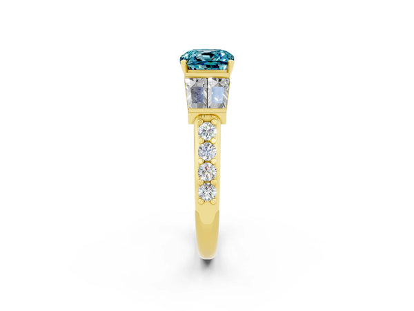 Yellow gold Cushion Cut Blue Topaz Engagement Ring with Baguette Side Stones and Channel Set Band