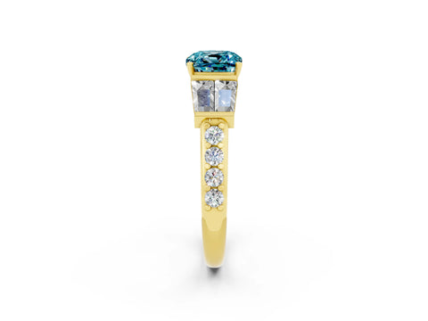 Yellow gold Cushion Cut Blue Topaz Engagement Ring with Baguette Side Stones and Channel Set Band_2