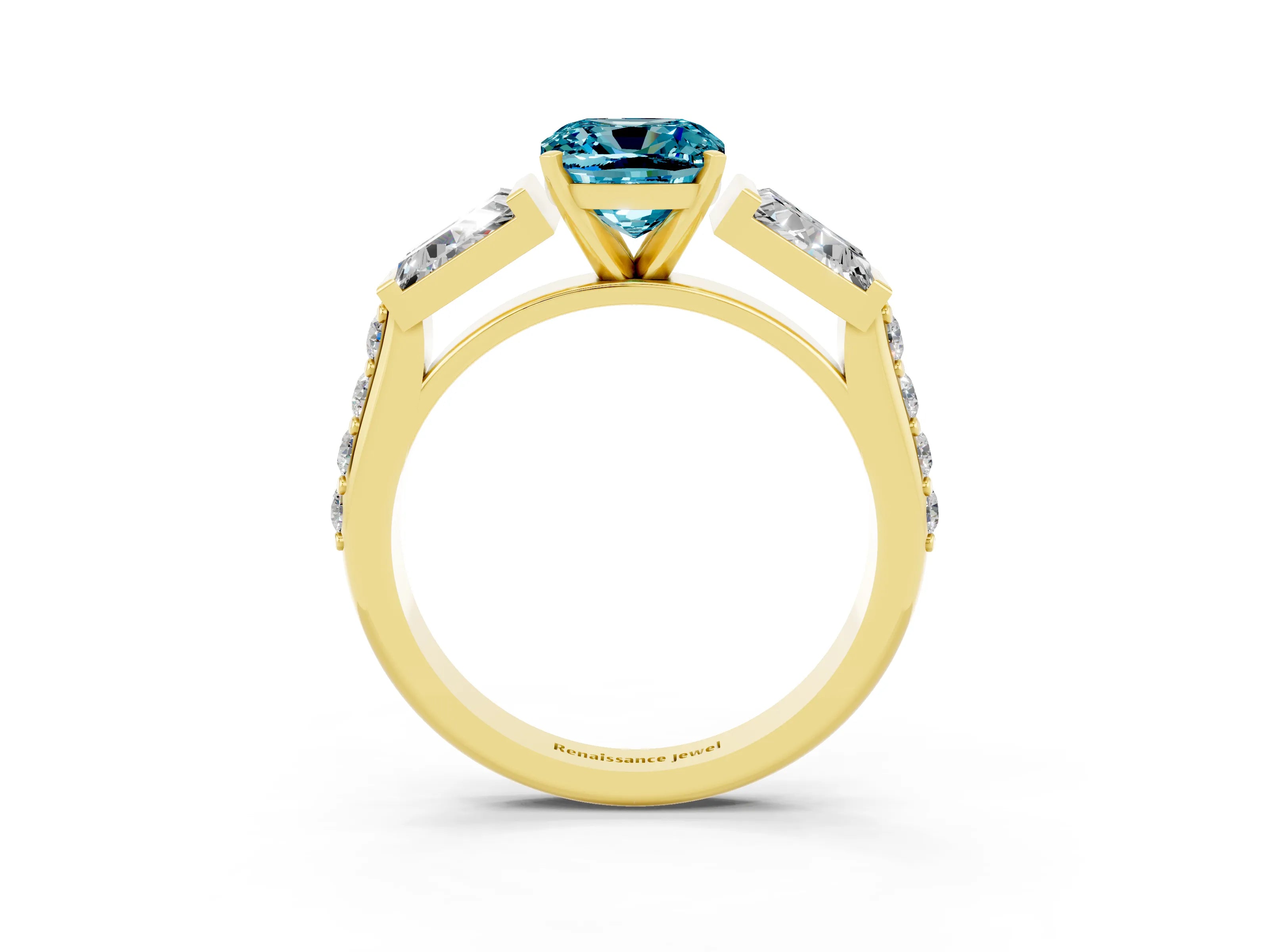 Yellow gold Cushion Cut Blue Topaz Engagement Ring with Baguette Side Stones and Channel Set Band_3