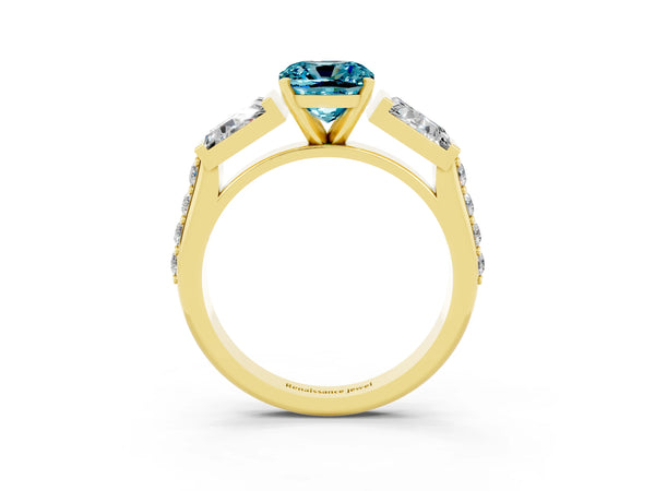 Yellow gold Cushion Cut Blue Topaz Engagement Ring with Baguette Side Stones and Channel Set Band