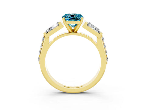 Yellow gold Cushion Cut Blue Topaz Engagement Ring with Baguette Side Stones and Channel Set Band_3