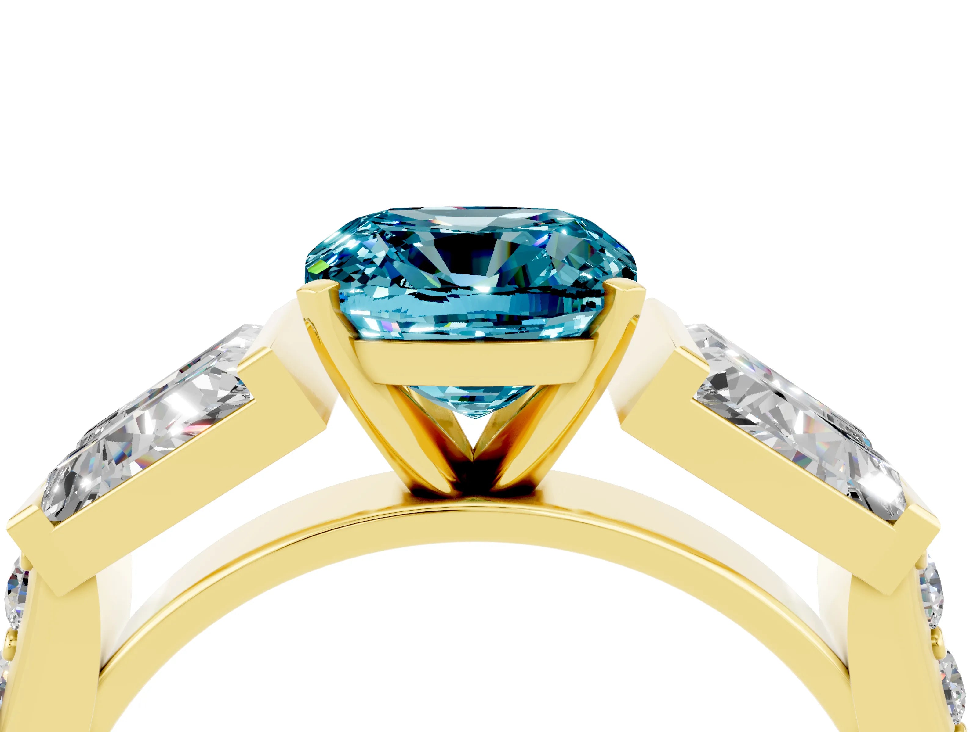 Yellow gold Cushion Cut Blue Topaz Engagement Ring with Baguette Side Stones and Channel Set Band_4