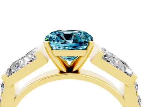 Yellow gold Cushion Cut Blue Topaz Engagement Ring with Baguette Side Stones and Channel Set Band_4