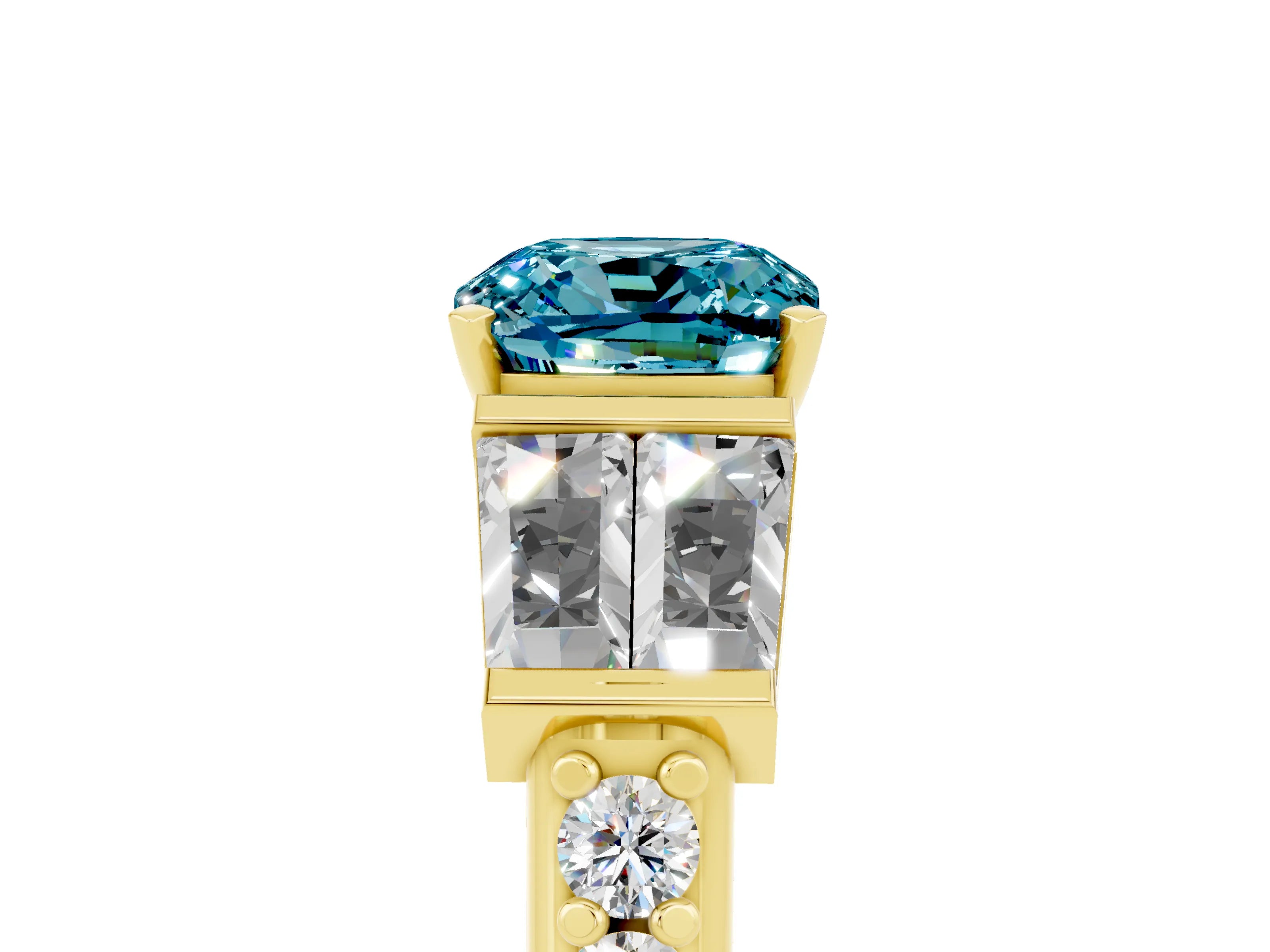 Yellow gold Cushion Cut Blue Topaz Engagement Ring with Baguette Side Stones and Channel Set Band_5