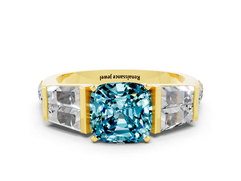 Yellow gold Cushion Cut Blue Topaz Engagement Ring with Baguette Side Stones and Channel Set Band