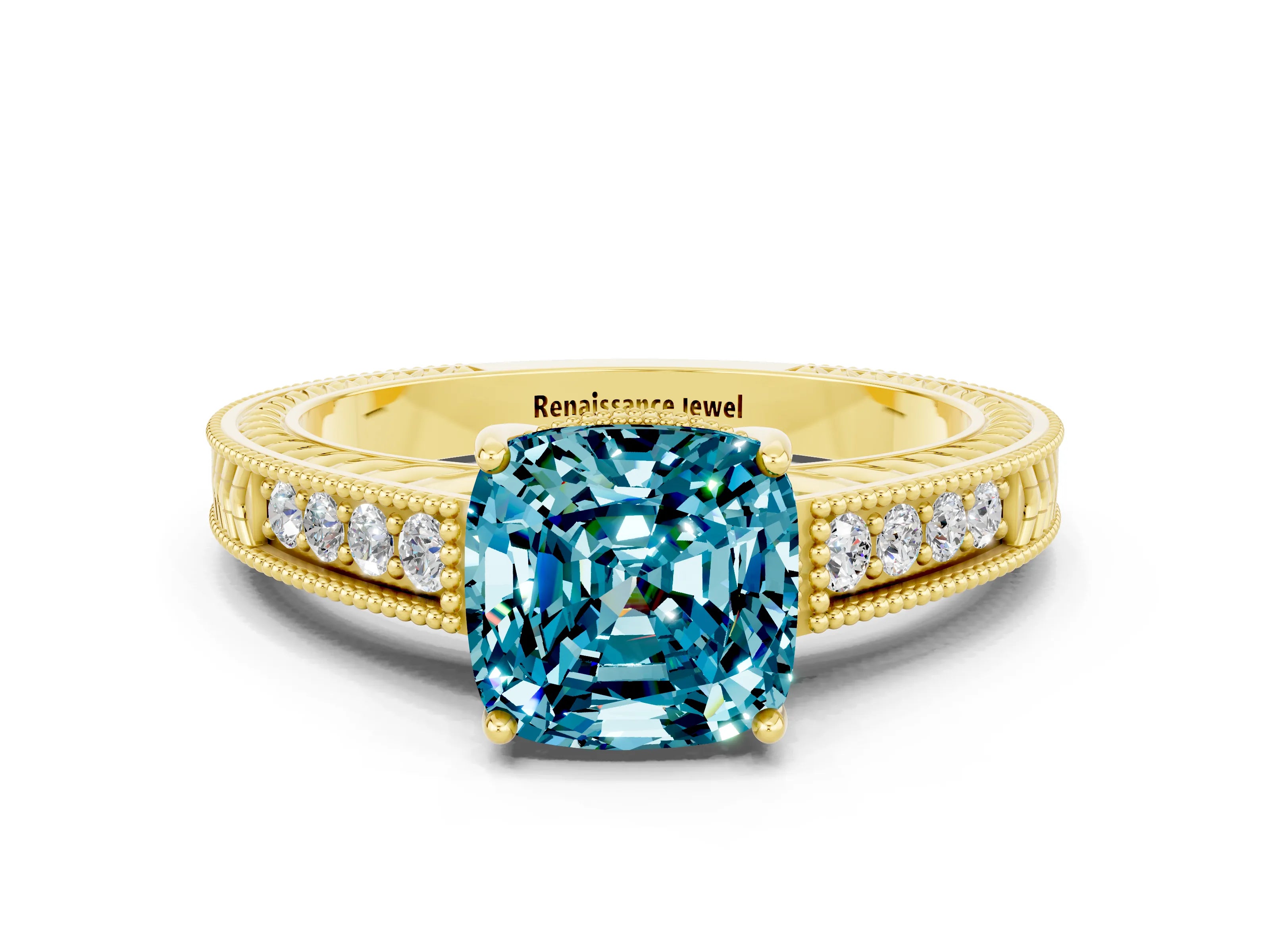 Yellow gold Cushion Cut Blue Topaz Engagement Ring with Milgrain Channel Set Band and Prong Setting