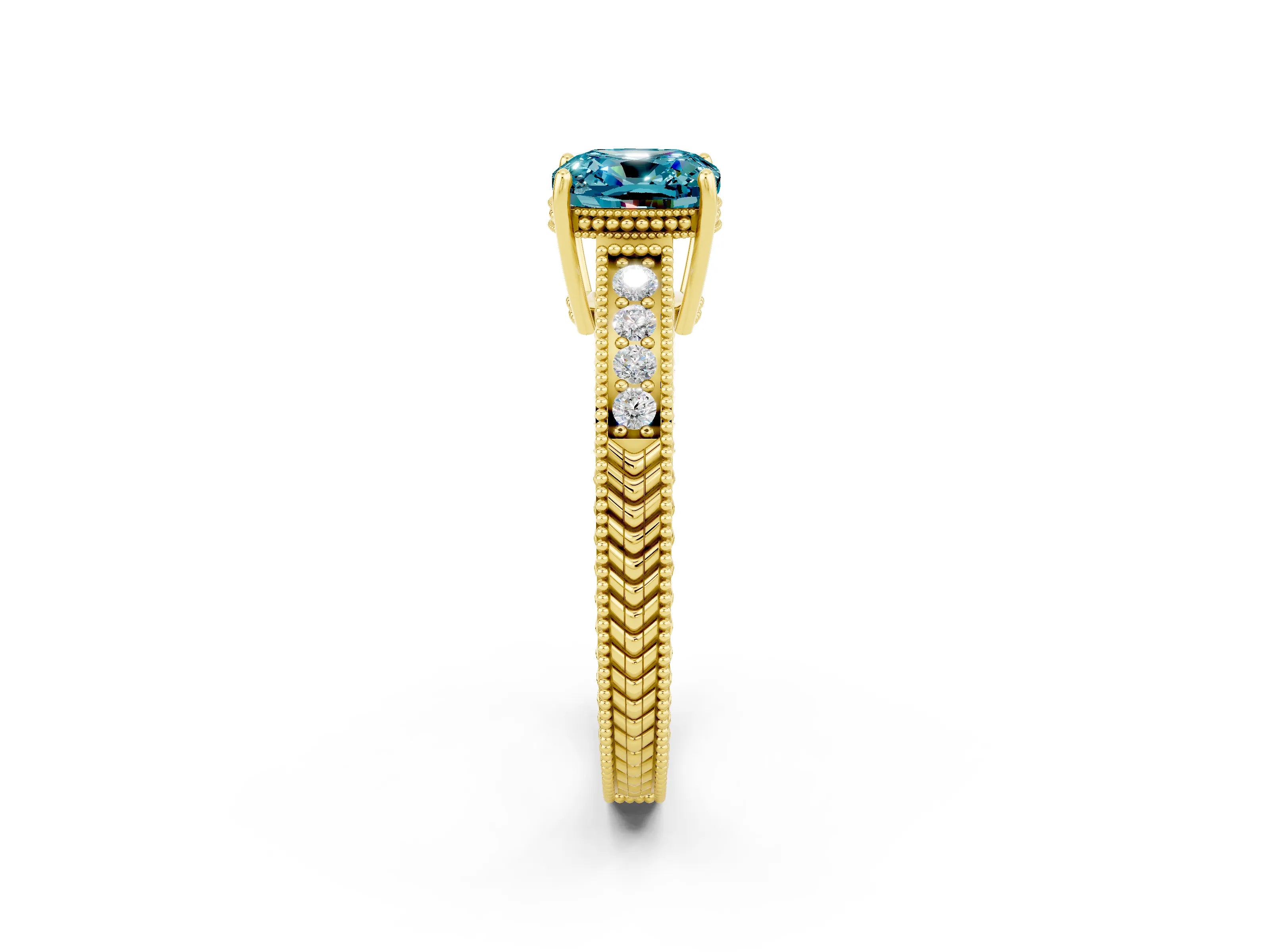 Yellow gold Cushion Cut Blue Topaz Engagement Ring with Milgrain Channel Set Band and Prong Setting_2