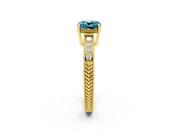 Yellow gold Cushion Cut Blue Topaz Engagement Ring with Milgrain Channel Set Band and Prong Setting