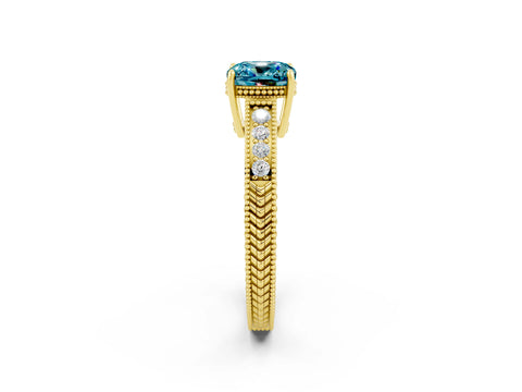 Yellow gold Cushion Cut Blue Topaz Engagement Ring with Milgrain Channel Set Band and Prong Setting_2