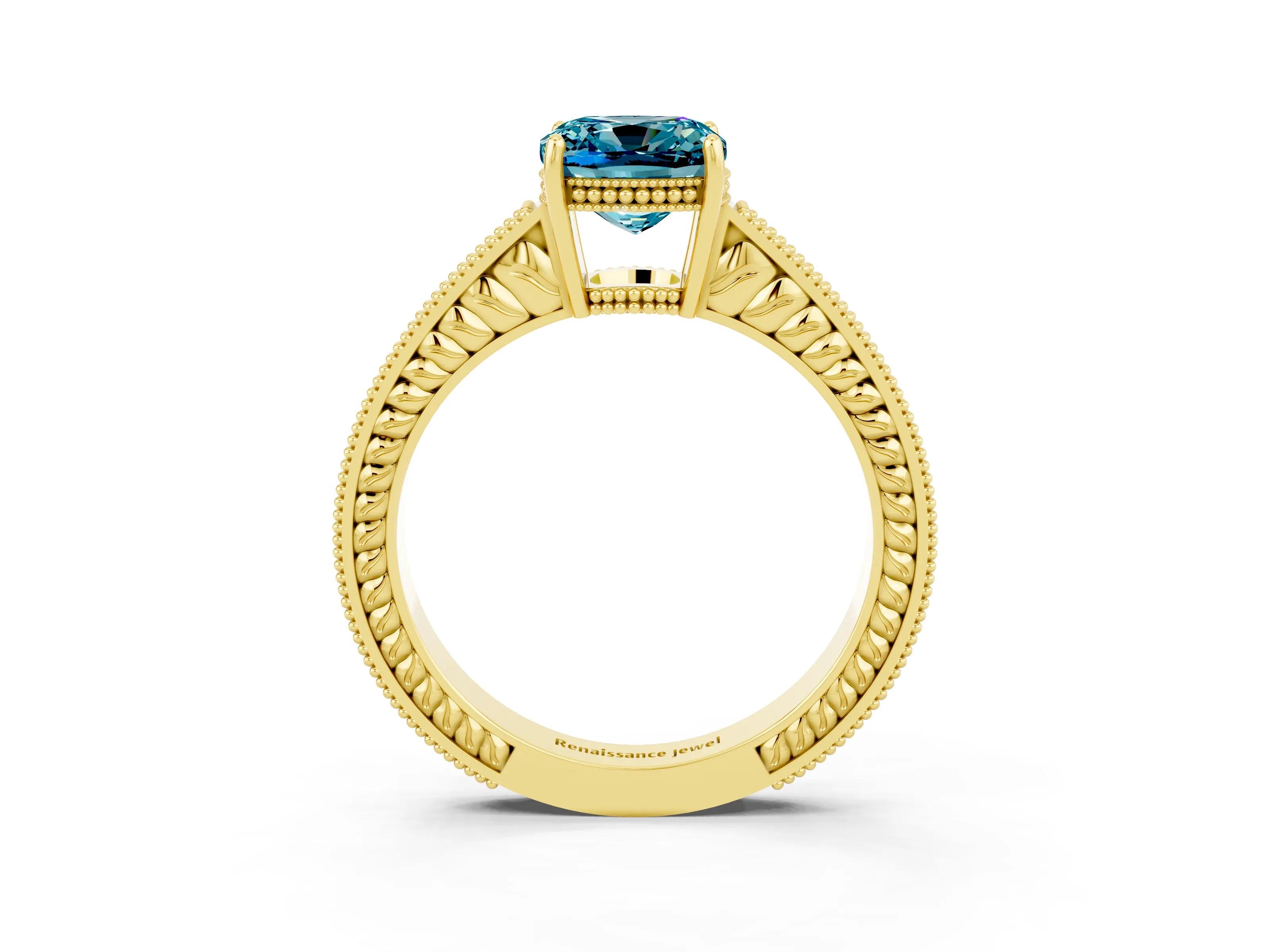 Yellow gold Cushion Cut Blue Topaz Engagement Ring with Milgrain Channel Set Band and Prong Setting_3