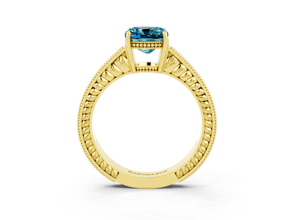 Yellow gold Cushion Cut Blue Topaz Engagement Ring with Milgrain Channel Set Band and Prong Setting