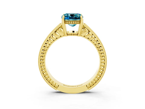 Yellow gold Cushion Cut Blue Topaz Engagement Ring with Milgrain Channel Set Band and Prong Setting_3