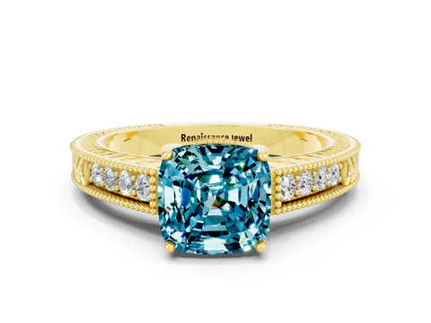 Yellow gold Cushion Cut Blue Topaz Engagement Ring with Milgrain Channel Set Band and Prong Setting