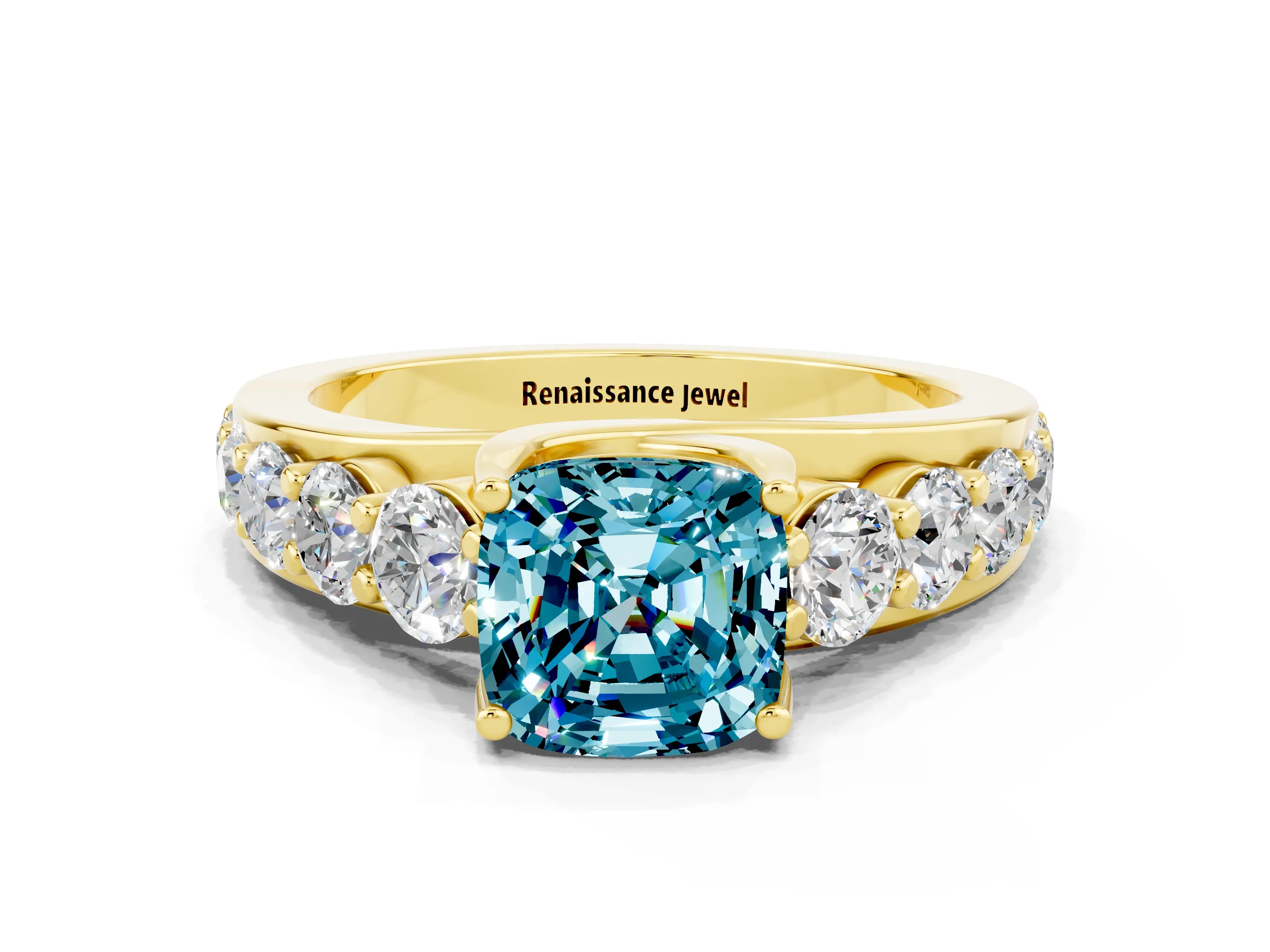 Yellow gold Cushion Cut Blue Topaz Engagement Ring with Pavé Band and Four-Prong Setting