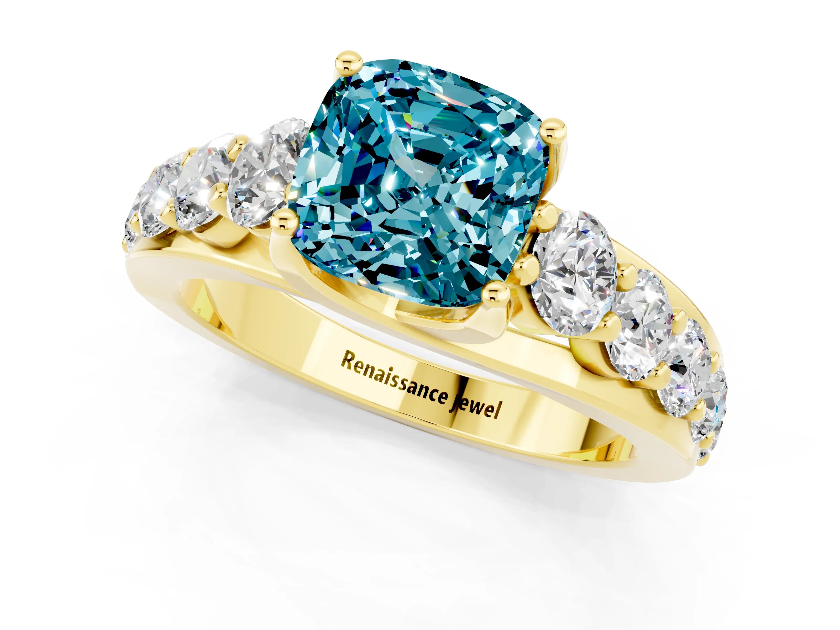 Yellow gold Cushion Cut Blue Topaz Engagement Ring with Pavé Band and Four-Prong Setting_1